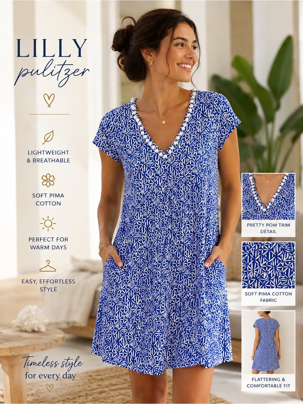 Lilly Pulitzer Blue Geometric V-Neck Swim Cover-Up Dress - Size M